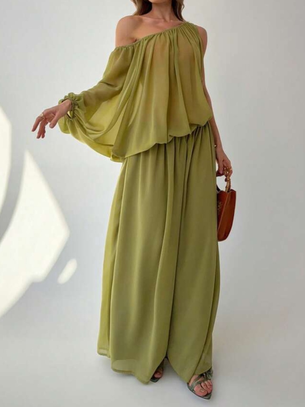 Green Off-Shoulder Flowing Jumpsuit